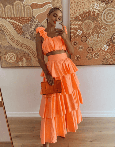 Buy Orange linen diagonal frill skirt Designer Wear  Ensemble